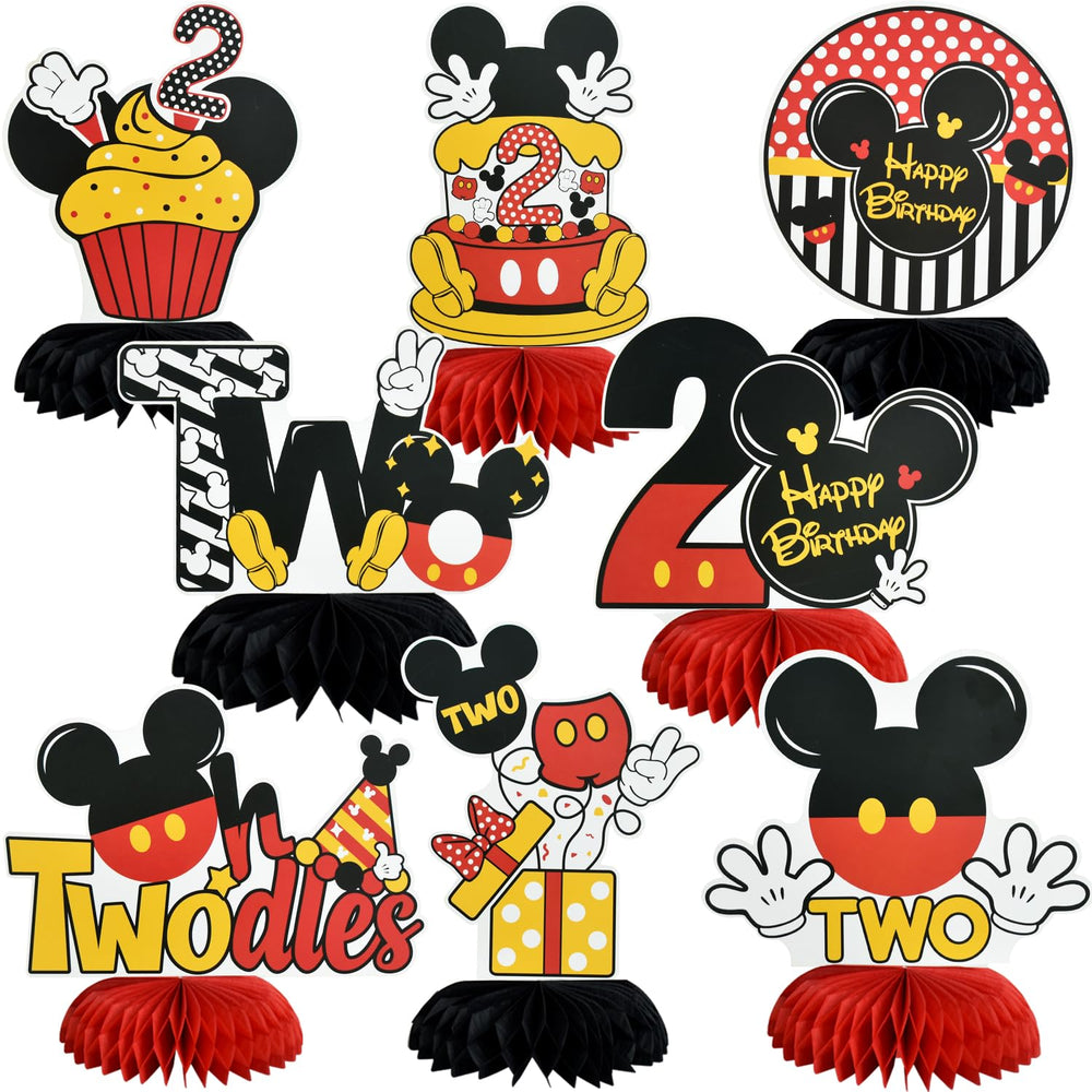 TONIFUL Two red mouse honeycomb centerpiece enhances a bright second birthday table