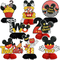 TONIFUL Two red mouse honeycomb centerpiece enhances a bright second birthday table