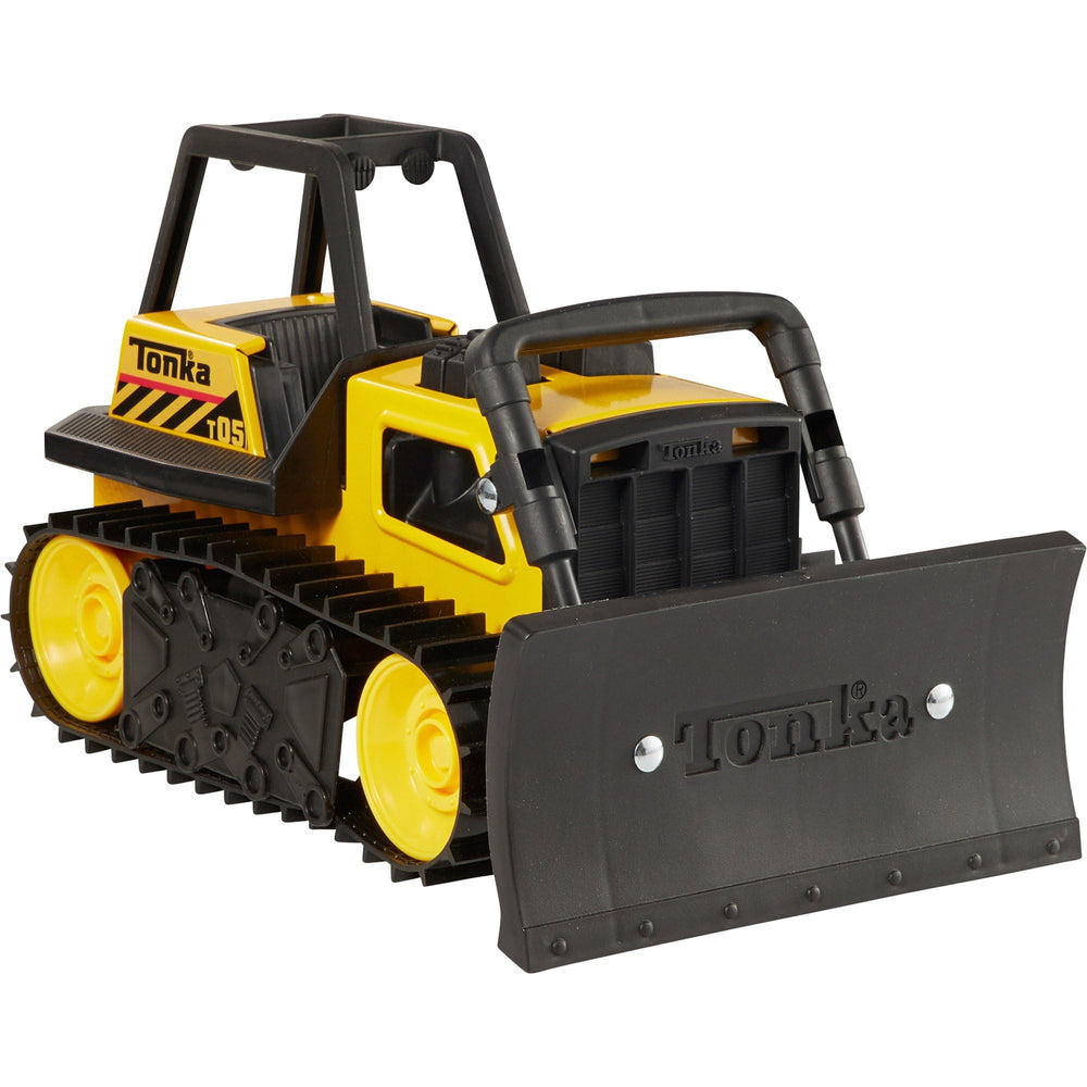 Tonka steel bulldozer side view with movable blade enables realistic construction play