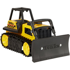 Tonka steel bulldozer side view with movable blade enables realistic construction play