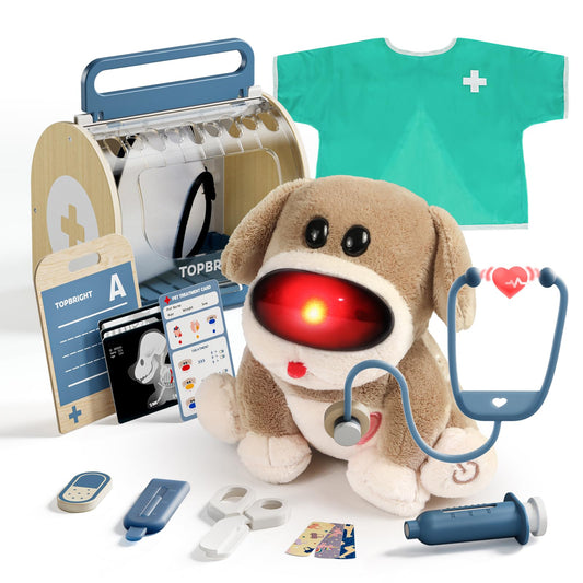 TOP BRIGHT Doctor Kit with plush puppy diagnostic lights for imaginative play.