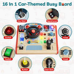Top Bright Busy Board dash and controls highlighting realistic vehicle elements for pretend driving