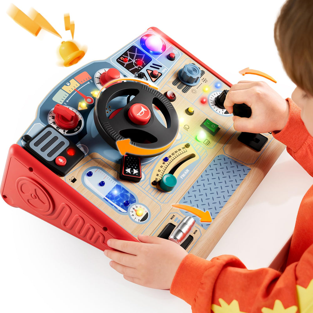 Top Bright Montessori Busy Board with LED light front view showing steering wheel and controls for motor skills