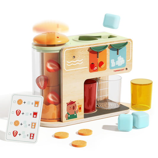 Top Bright wooden drink dispenser for pretend play, promotes imaginative juice bar role play.