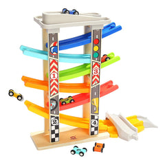 Top Bright wooden race track mini cars used on the colorful track.