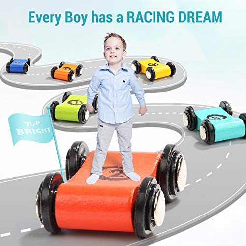 Top Bright wooden race track side view highlights ramps for hands-on play.