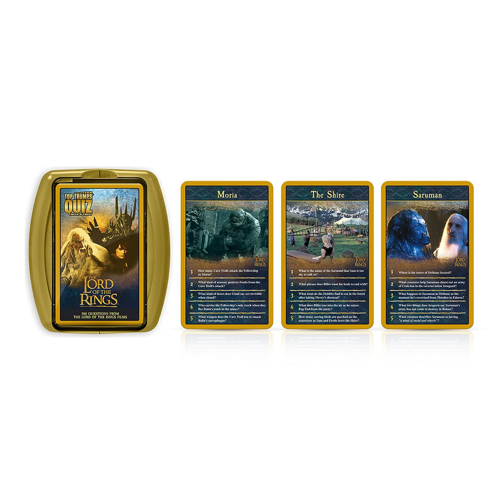 Top Trumps LOTR quiz card city between mountains image highlights lore for curious players