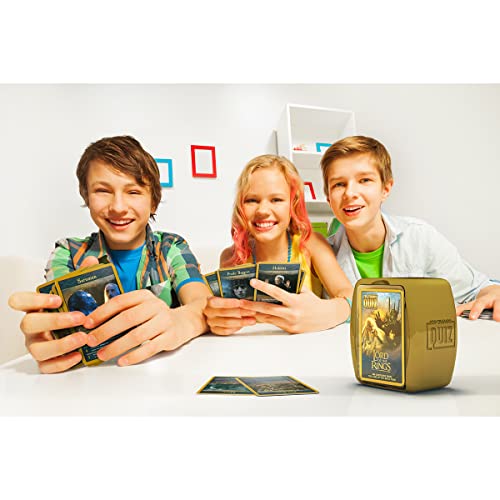 Top Trumps LOTR quiz card plastic case image emphasizes portability for travel game nights