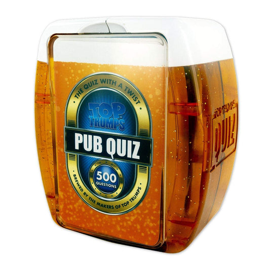 Top Trumps Pub Quiz cards spread on table for ice-breaker fun.
