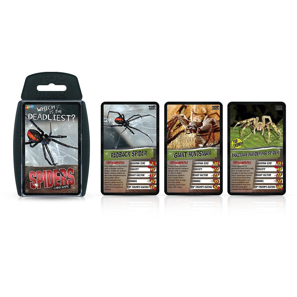 Top Trumps Spiders Classics pack-inside view showcases compact, travel-ready design