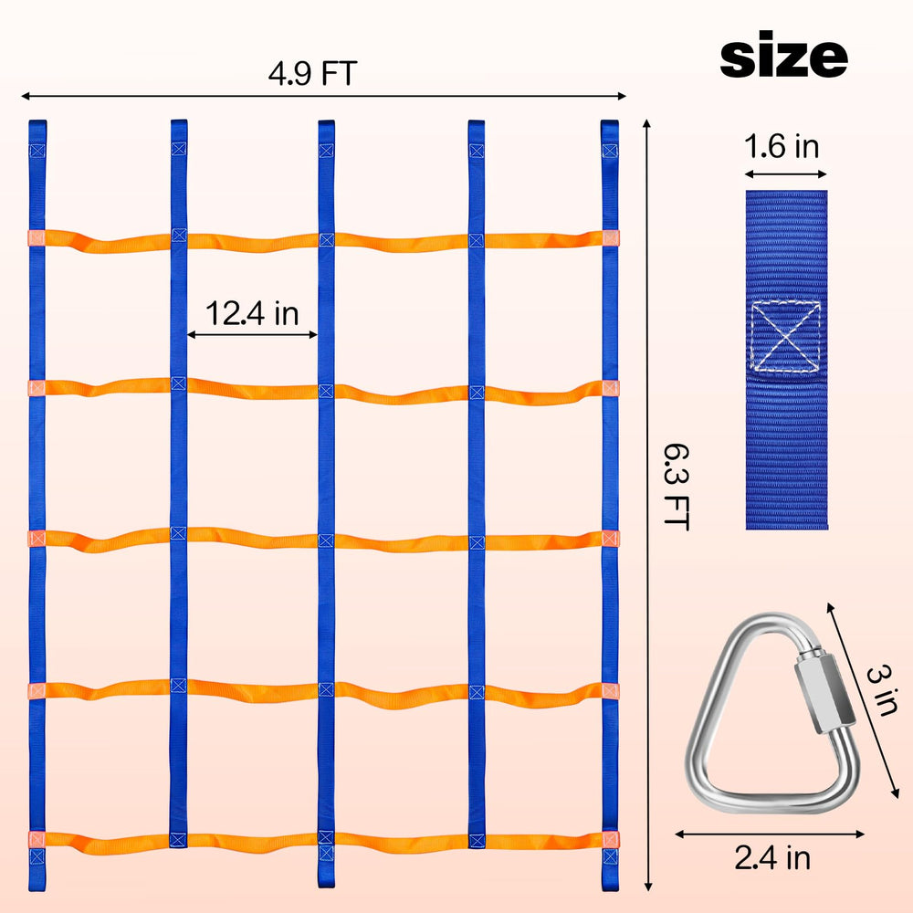 TOPNEW climbing net with five carabiner hooks for quick playground setup.