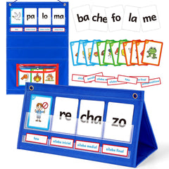 Torlam pocket chart showing word-building cards for active learning.