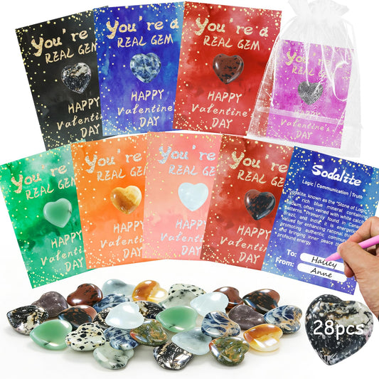 TORONTOKYO 28-heart crystal valentines cards set for exchange with natural gemstones