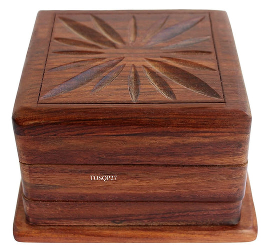 TOSQP27 secret box front view showcases rosewood craftsmanship and a playful puzzle opening.