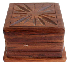 TOSQP27 secret box front view showcases rosewood craftsmanship and a playful puzzle opening.