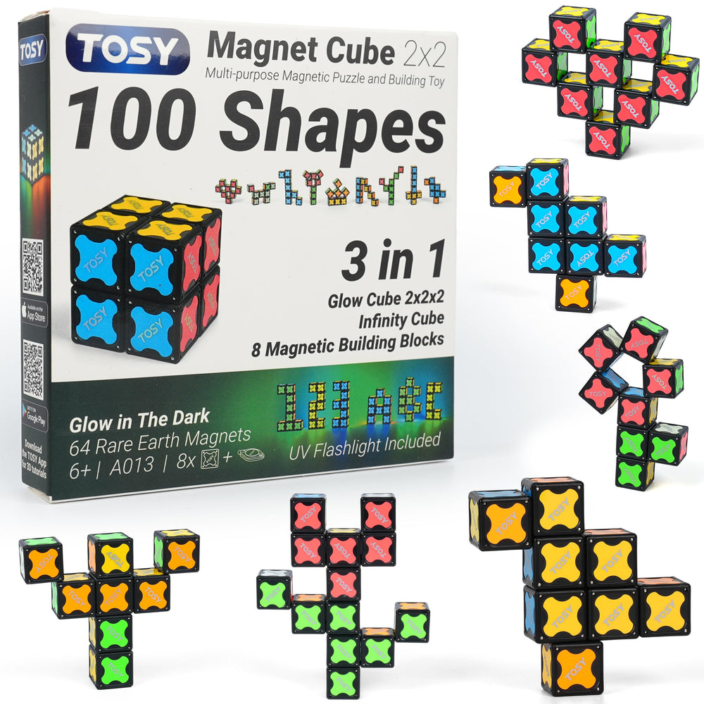 TOSY Magnet Cube 2x2 glows under UV for vivid creative play.