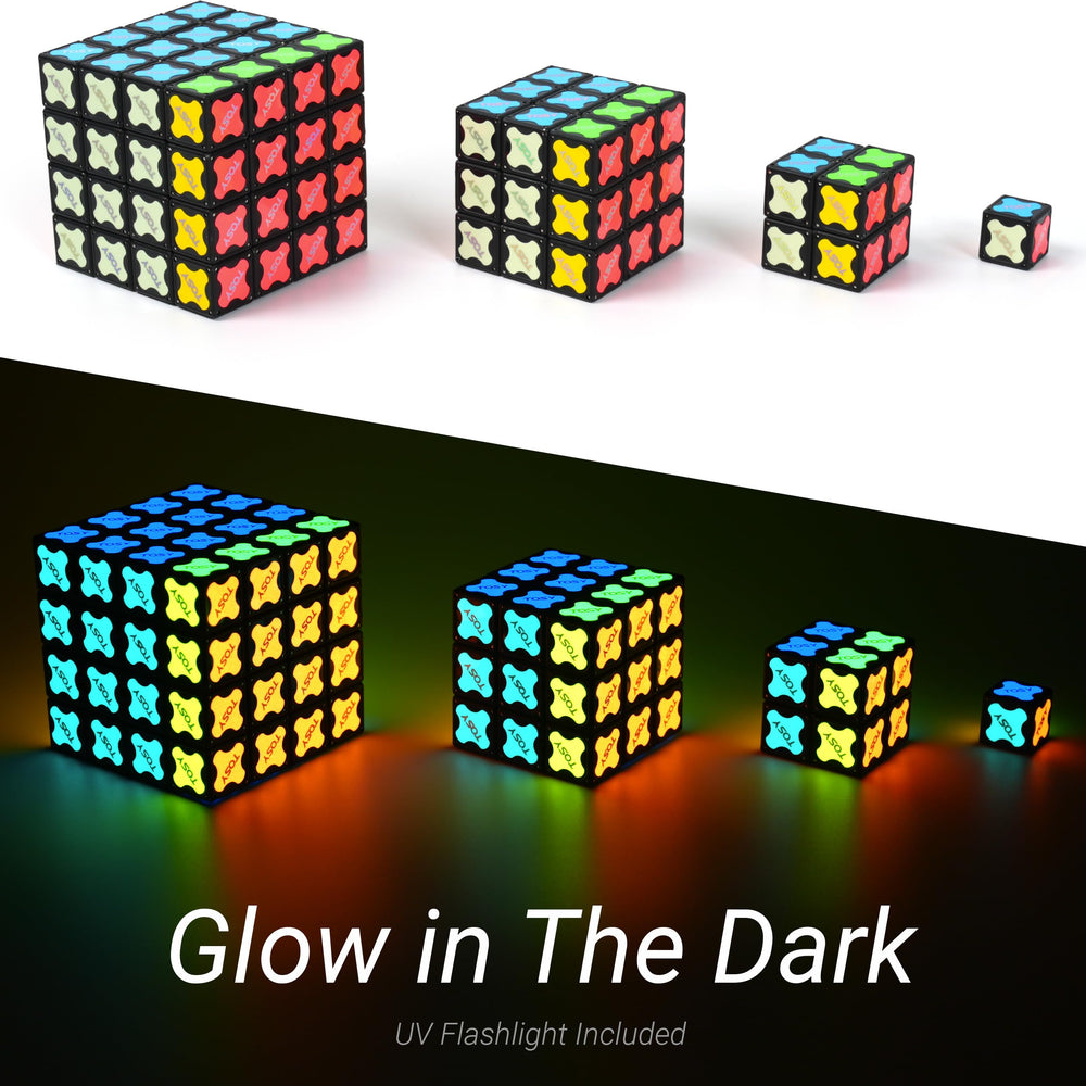 TOSY Magnet Cube 2x2 UV flashlight highlights glowing surfaces during play