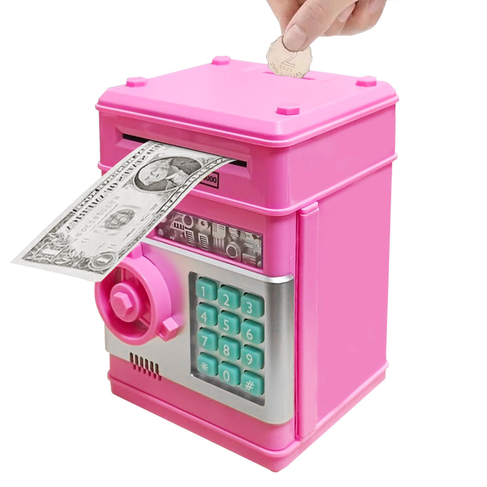 Totola Piggy Bank Electronic Mini ATM in deep pink showcases automatic cash intake for kids.