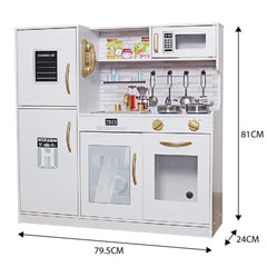 Touch Us storage shelves help tidy up and organize a busy play kitchen.