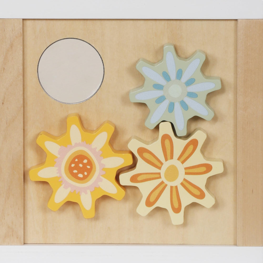 Touch Us wooden activity cube flip board encourages color and pattern recognition.