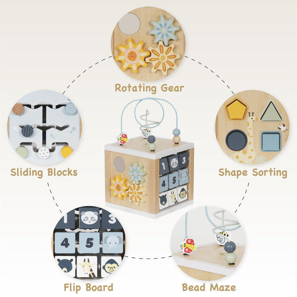 Touch Us wooden activity cube mirror fosters visual tracking and curiosity.