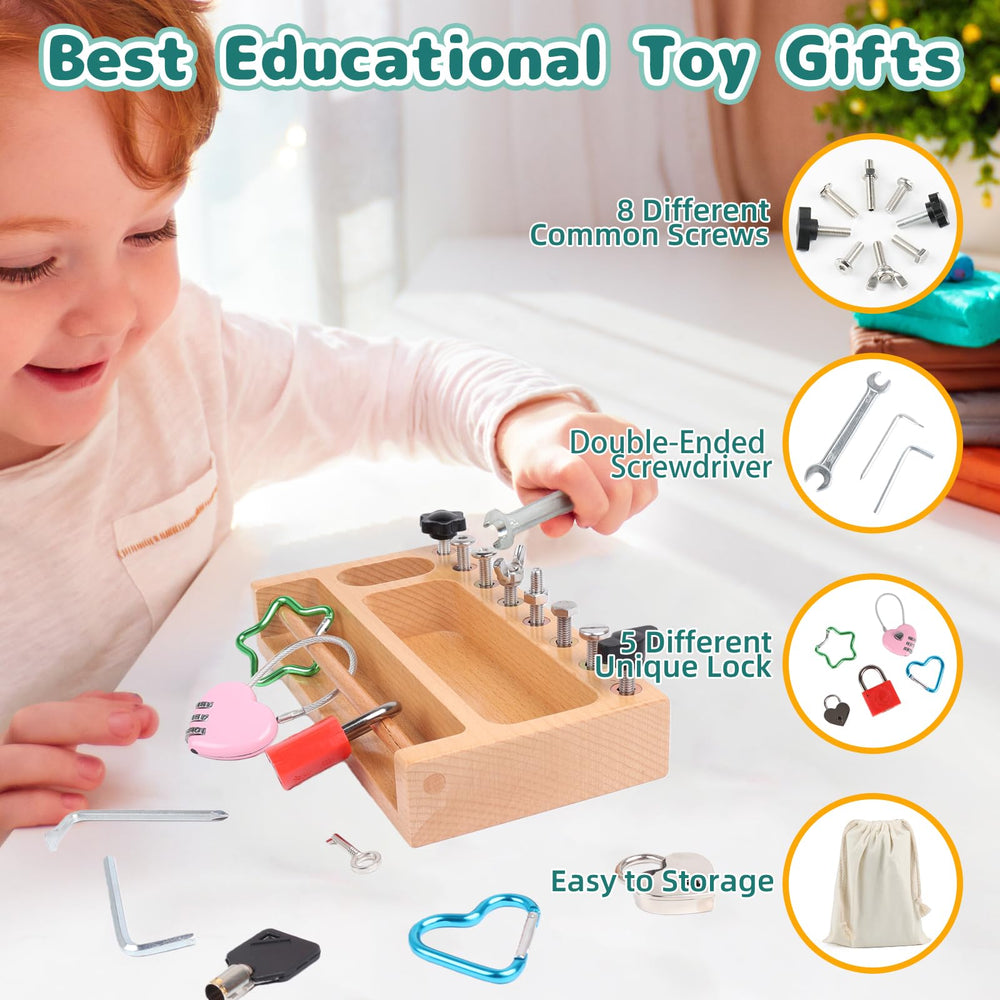 TOUHKAN beech wood busy board with multiple locks offers tactile learning and visual discrimination