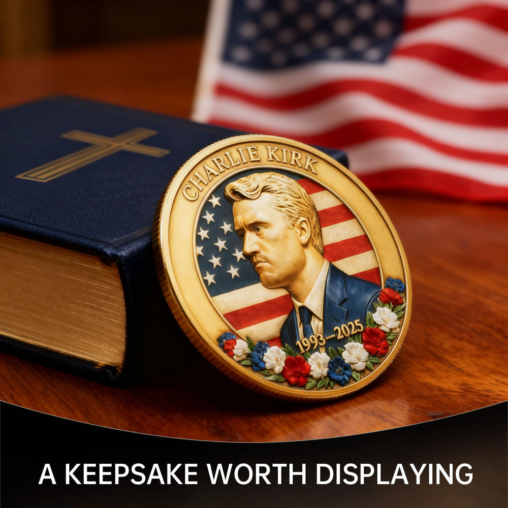 Touzanious Charlie Kirk coin on display setup, encourages safe showcase and conversation.