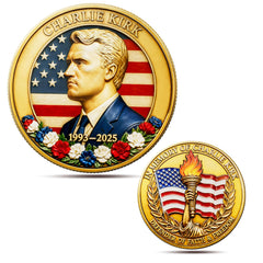Touzanious Charlie Kirk coin front portrait with flag background, ideal for collectors.