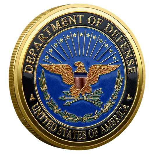 Touzanious Pentagon Challenge Coin front with Branch Seals, ideal for desk display.