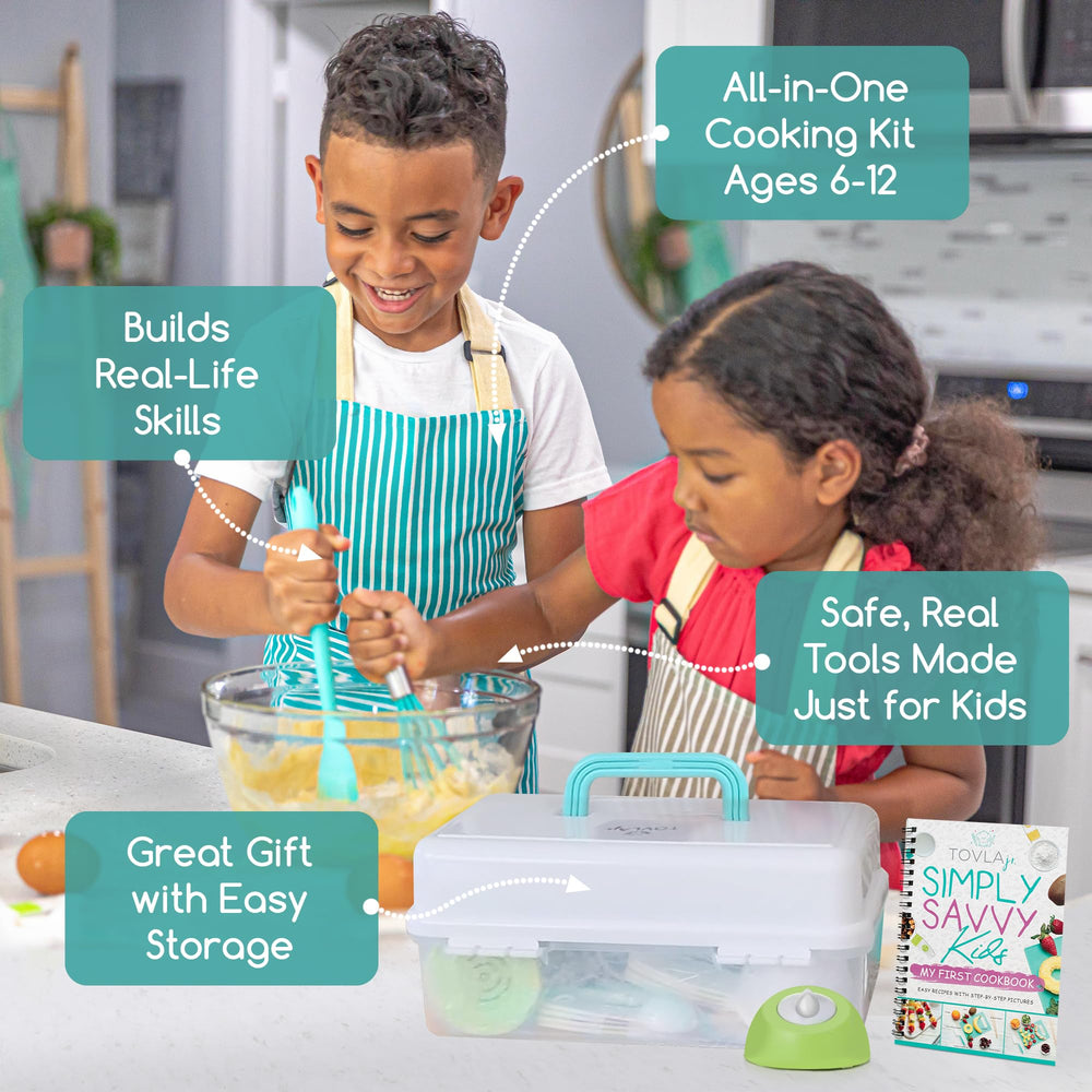 TOVLA JR Kids Real Cooking Set comes with cutting board for kid-friendly chopping.