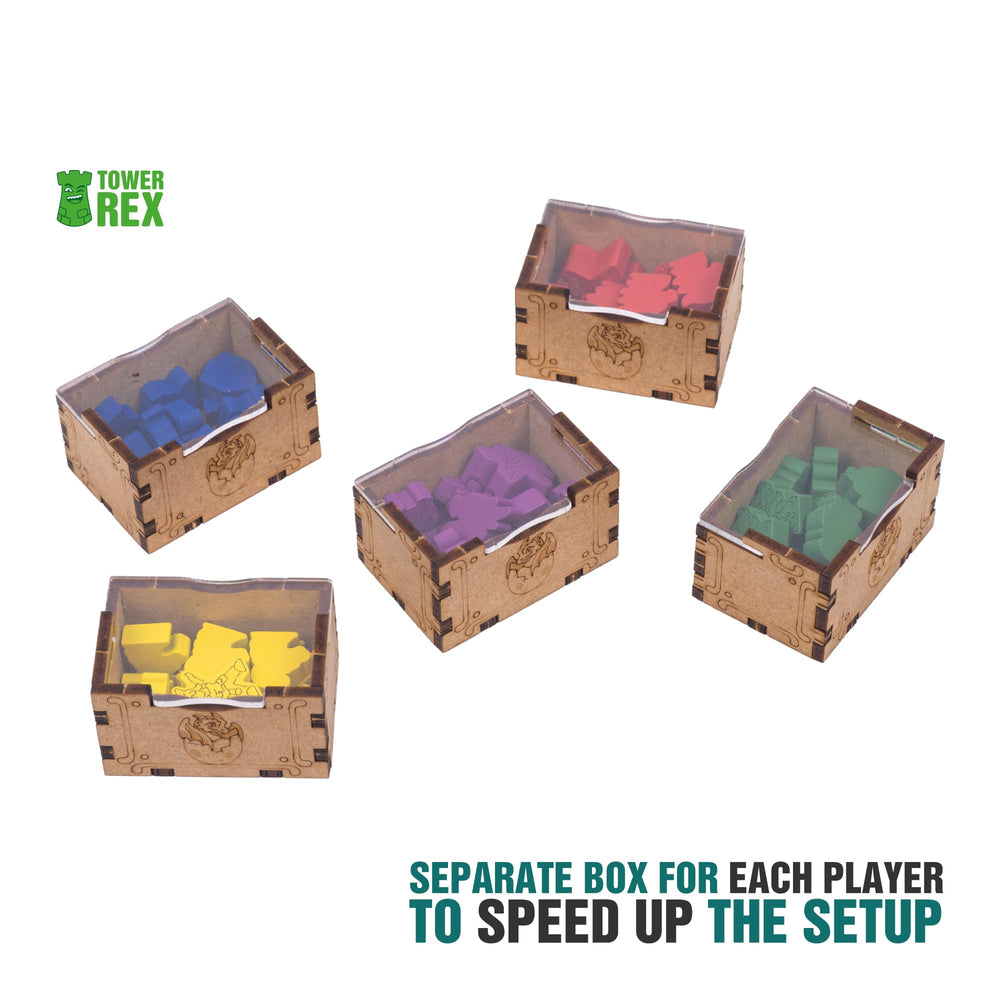 TowerRex Wyrmspan insert meeple trays organize player pieces orderly for smooth turns.