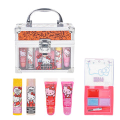 Townley Girl Hello Kitty train case open showing lip balms and glosses for imaginative play