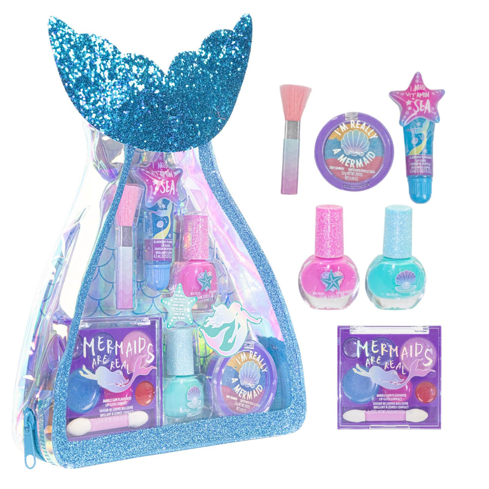 Townley Girl mermaid bag outer view, playful storage for kids' makeup.