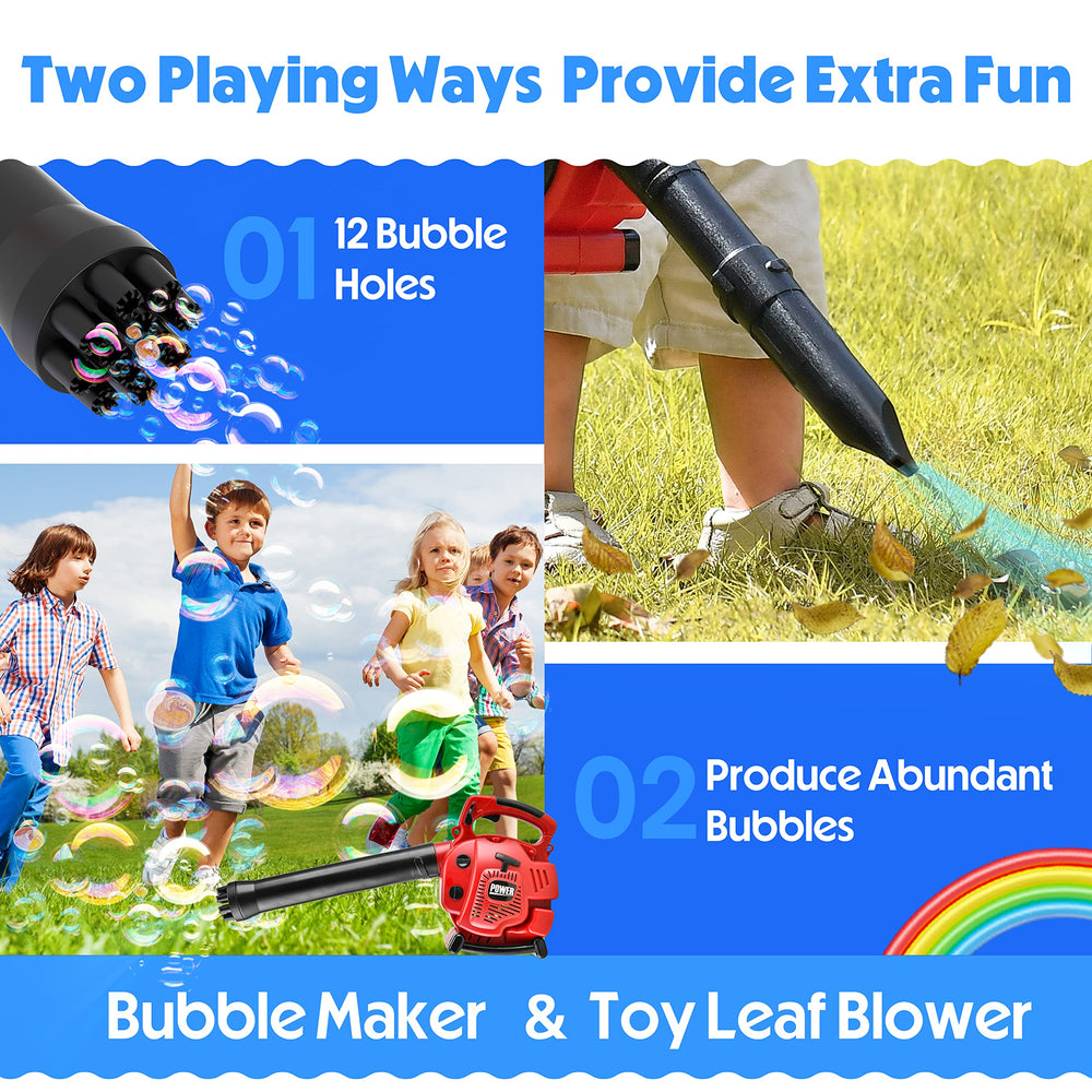 Toy Choi's 2-in-1 bubble-leaf blower shown up-close, versatile for bubble play and pretend yard chores.