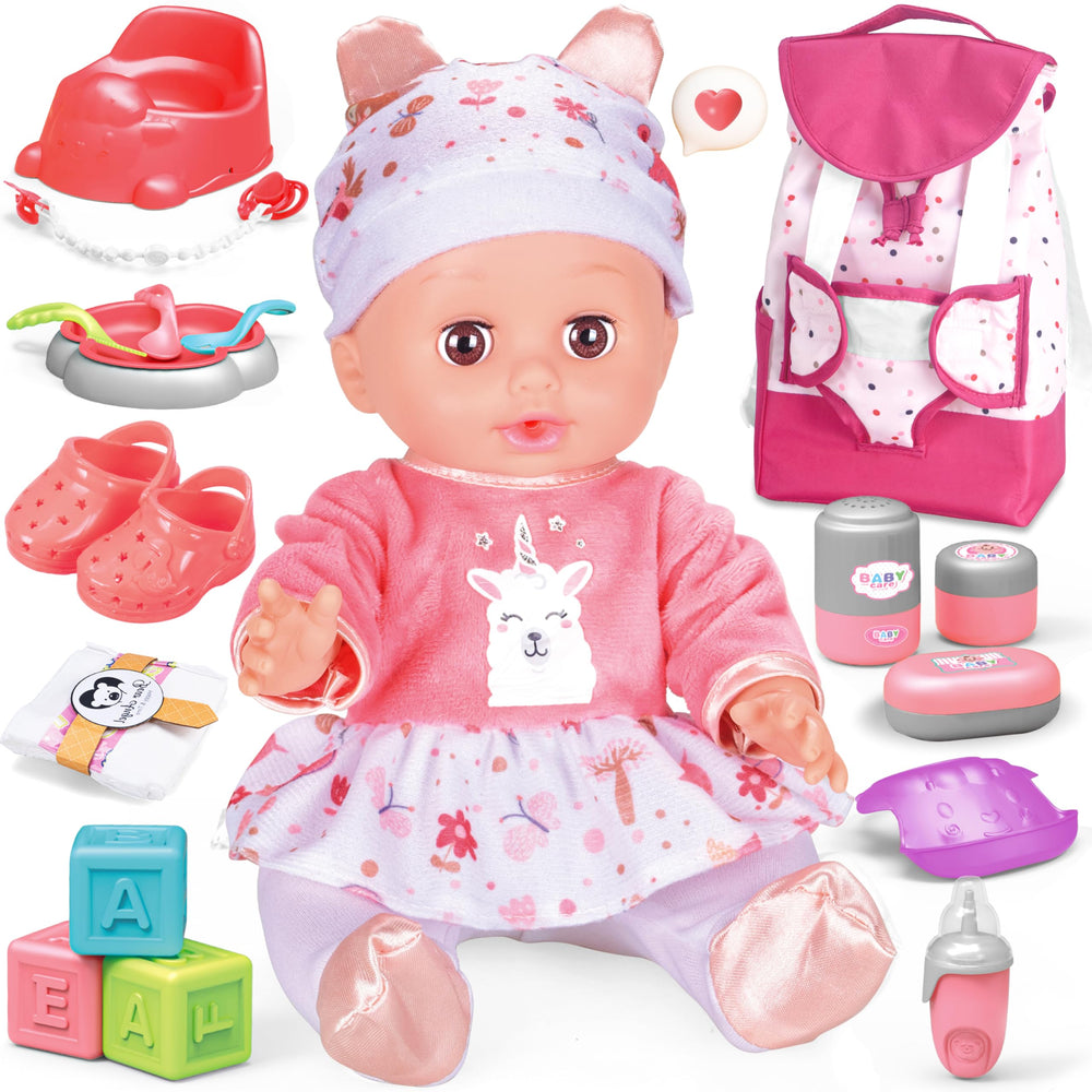 Toy Choi's baby doll with backpack care playset in 14 inch size for nurturing pretend play