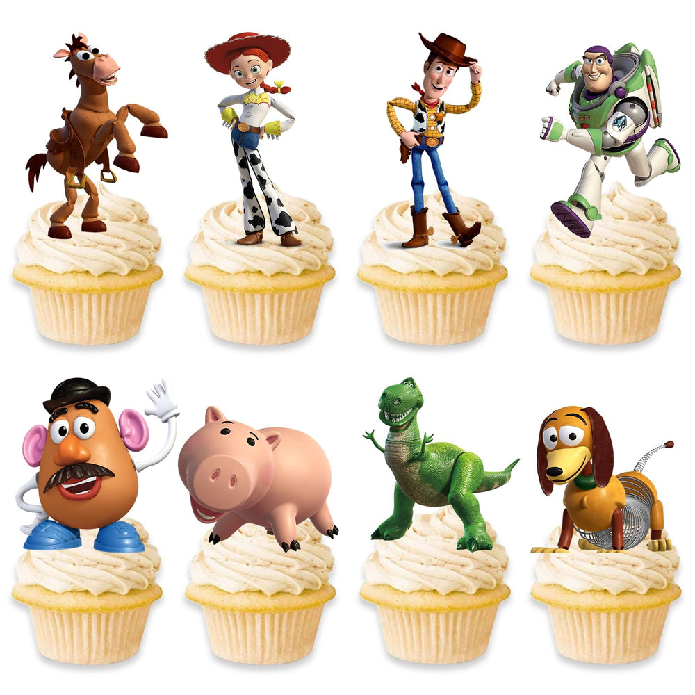 Toy Inspired Story cupcake toppers close up cards for stylish party desserts.