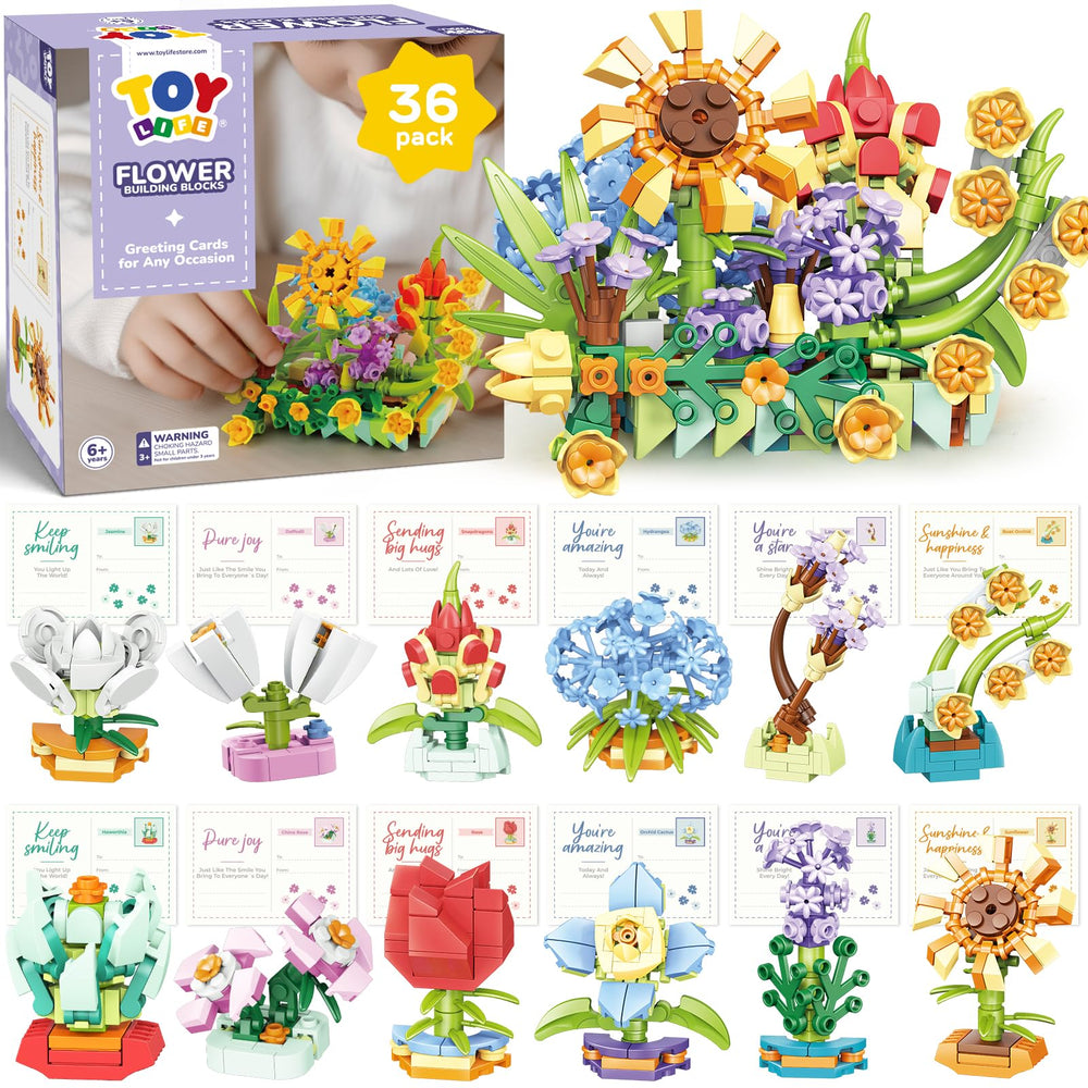 TOY Life 36-pack flower building blocks in vibrant colors for creative, hands-on play.