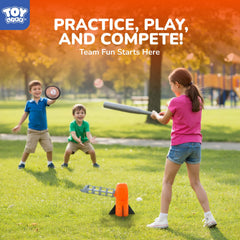 TOY Life pitching machine with seven soft balls arranged nearby for practice.