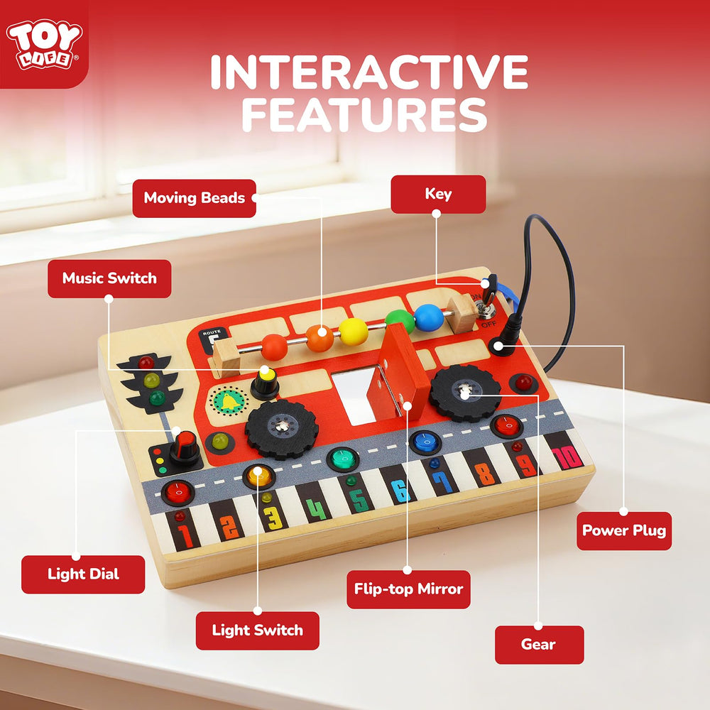 TOY Life Montessori Busy Board moving beads and traffic dial support problem solving.