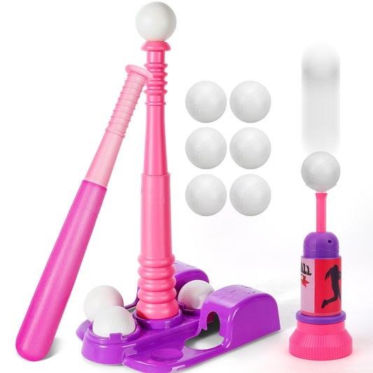 TOY Life T-Ball stand with pink launcher for indoor and outdoor batting fun.