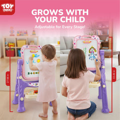 TOY Life pink easel side view highlights adjustable height for growing children