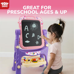 TOY Life pink easel in use by child promoting concentration