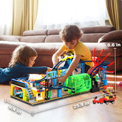 TOY PLAYER Child building and playing on a roller coaster layout