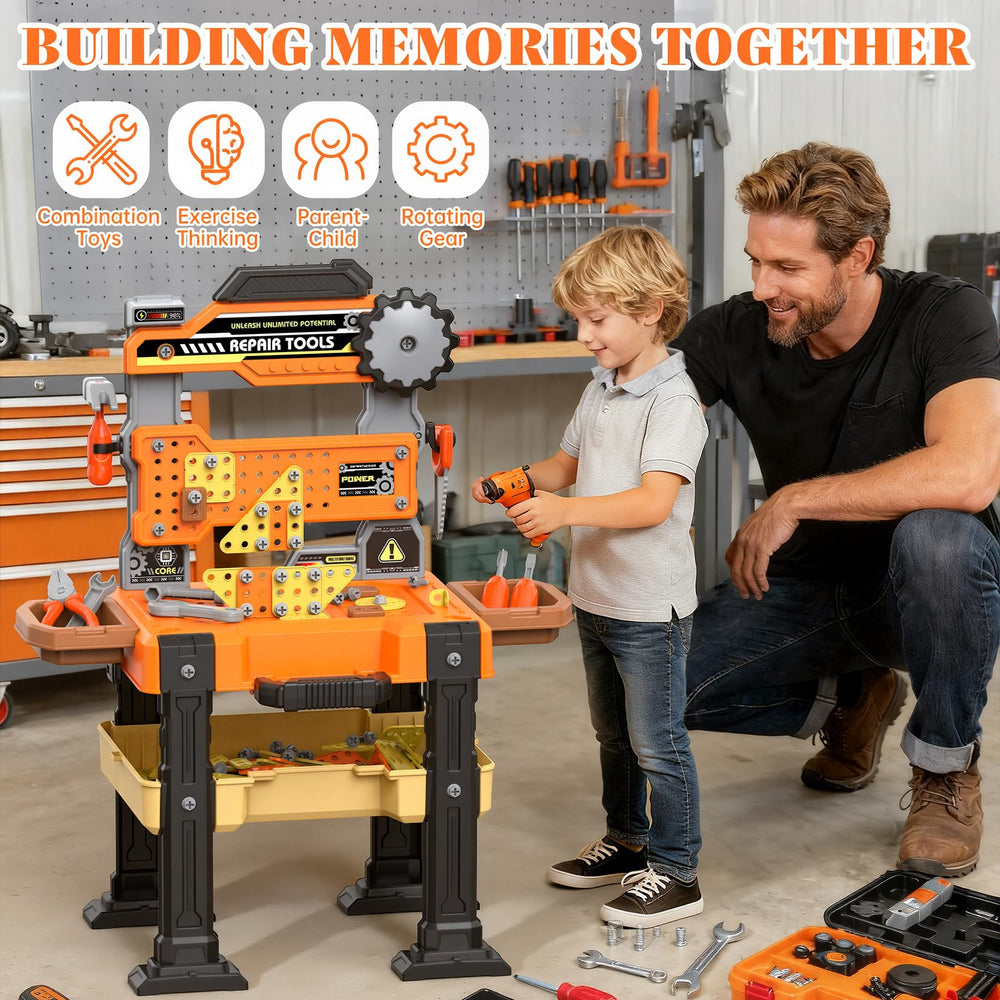 Toycost Kids Tool Bench vest demonstrates pockets and reflective trim for immersive role-play.