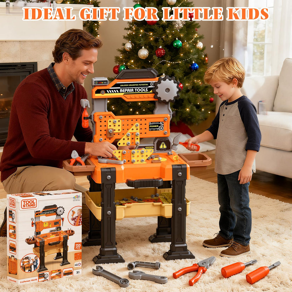 Toycost toddler workbench transform reveals expanded surface for drilling and assembly.