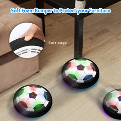 Toyk LED hover soccer ball gliding smoothly on a wood floor for indoor fun