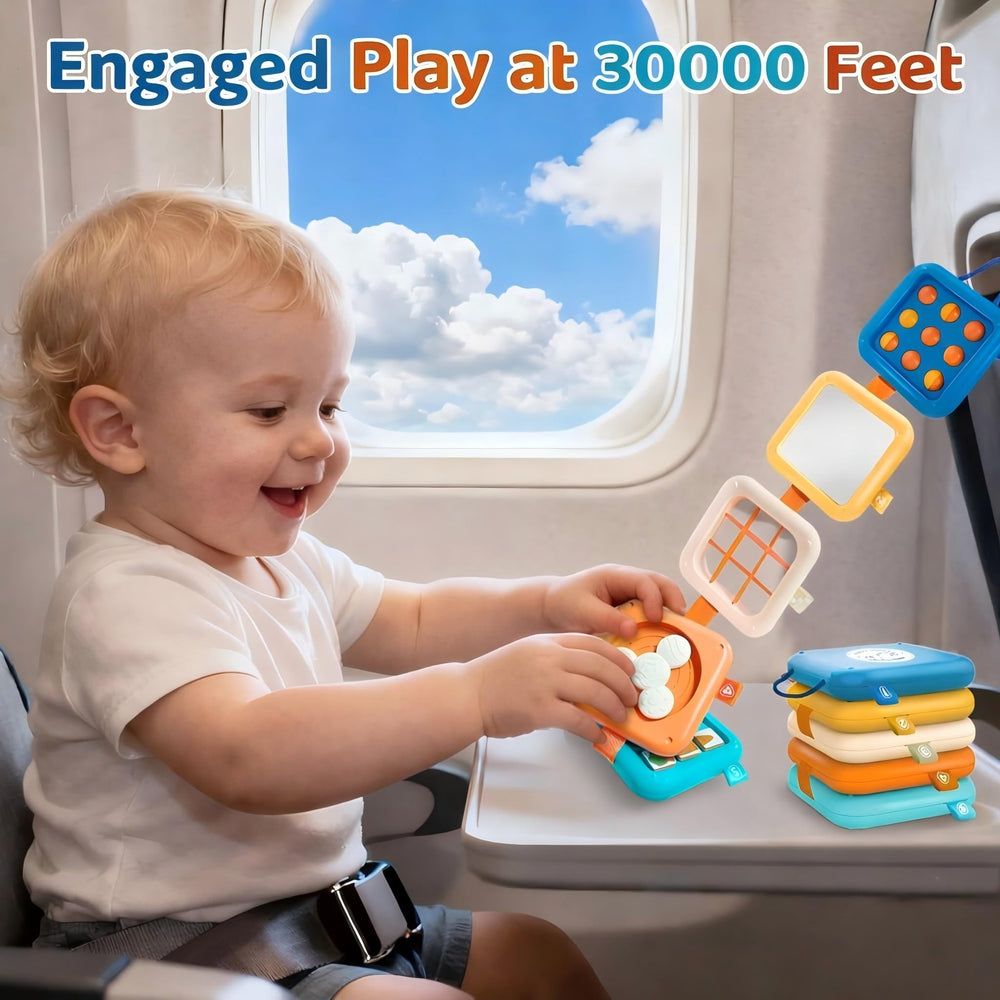 Toylfort spin-dial busy board offering tactile feedback for fine motor skills during car rides.