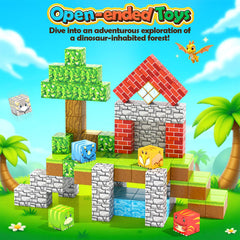 Toylogy dinosaur mini-figures accompany magnetic blocks for role-play adventures and exploration.
