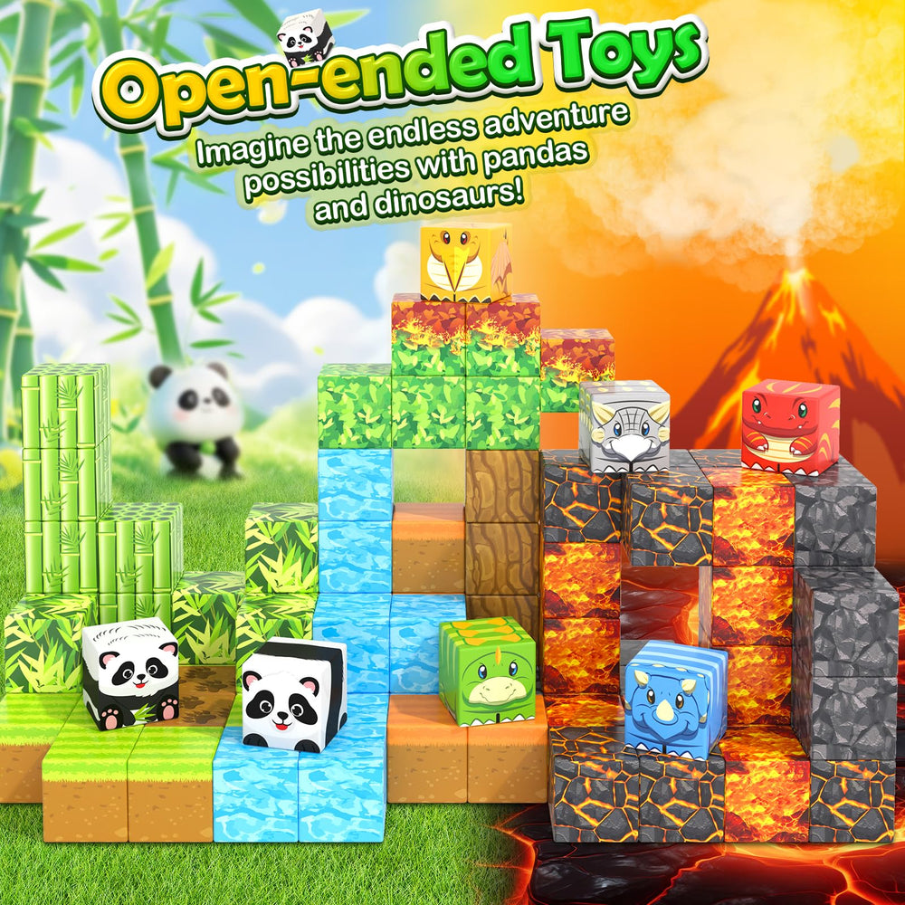 Toylogy Mine World panda bamboo forest promotes sensory exploration with colorful magnetic blocks.