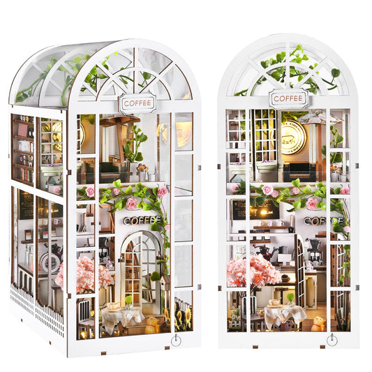 TOYQI Book Nook Kit coffee shop front with warm LED lighting for bookshelf decor.